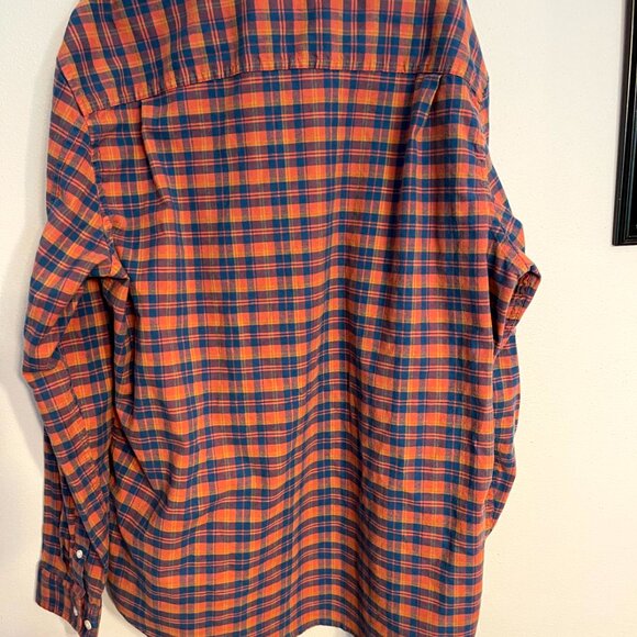 L.L. BEAN Mens Shirt Heavy 100% Cotton Plaid Slightly Fitted Blue Orange Size LG - Picture 8 of 10